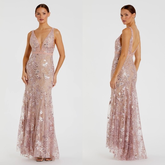 NWT Mac Duggal 67481 Pink Floral Embellished Sleeveless Plunge Neck Gown Size 12 - Picture 1 of 10